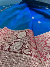 Peacock Blue Handloom Katan Benarasi Saree with Red Border - Festive - Saree - Aakritee - S10664